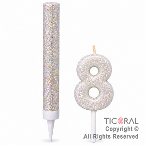 SET BENGALA Y VELA NUMERAL NUMERO 8 CON GIBRE BLANCO